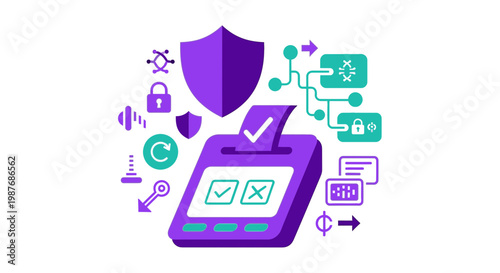 Illustration of secure digital voting system with ballot box, shield, lock, and network icons representing data integrity and election security.