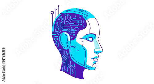 Stylized profile of a human head with a circuit board pattern on one side, representing artificial intelligence and advanced technology concepts.