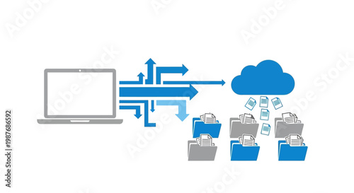 Laptop transferring data to and from a cloud storage service, with files being organized into digital folders.