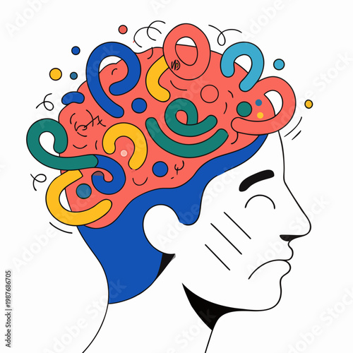 Brain Chaos: A visual representation of a person's inner turmoil, depicting a jumbled mind with colorful and chaotic thoughts. 