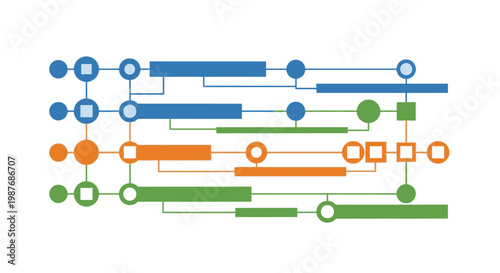 Abstract network diagram with interconnected nodes and lines in blue, orange, and green, illustrating data flow or complex system architecture.