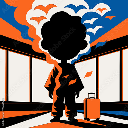 Journey of a Wanderer: An artistic silhouette of a traveler stands before a departure point, filled with wanderlust, carrying a suitcase, watching flying birds soaring high towards blue sky 