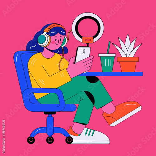 Online Content Creator: A vibrant illustration depicts a content creator engrossed in their work, using modern tools to produce engaging digital media. 
