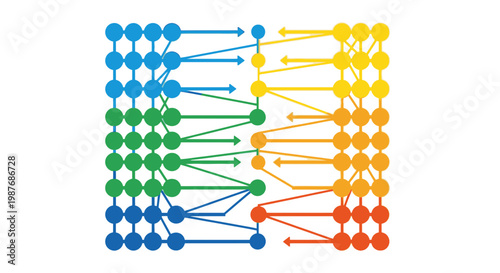 Abstract visualization of data mapping and connections between two distinct sets of colored nodes, illustrating complex relationships and information flow.