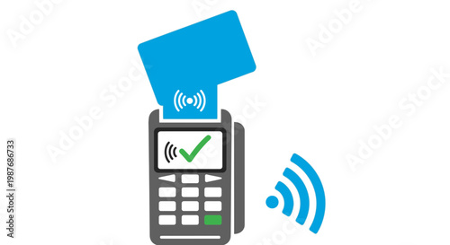 A graphic illustration of a contactless payment transaction with a credit card and a POS terminal showing a successful approval.
