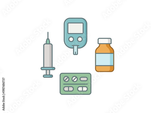 Diabetes Medical Supplies Set with Syringe, Insulin Meter, Vial and Pills Illustration