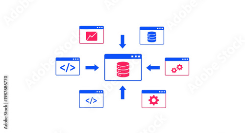 An illustration depicting a central database interacting with various applications, including data analysis, coding, and system management, showcasing data flow and integration.