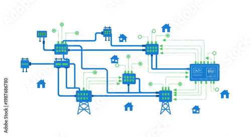 An intricate diagram illustrating a smart energy grid or modern power distribution network connecting homes and various infrastructure components.