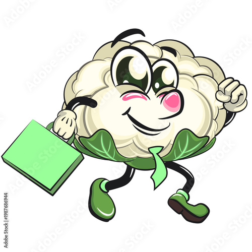 cute cauliflower mascot character with a suitcase rushing to the office, fresh vegetable cartoon vector illustration isolated on transparent background, work of hand drawn