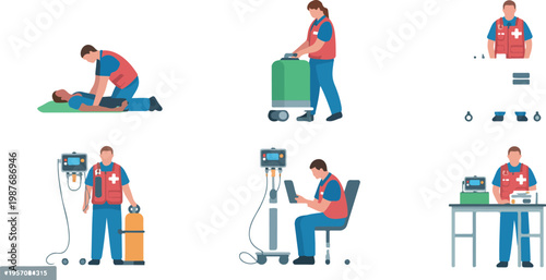 Paramedics and emergency medical technicians set using professional equipment, defibrillators and oxygen tanks, flat vector illustration collection