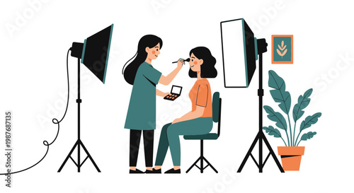 Makeup Artist Applying Cosmetics to Model in Photography Studio Vector