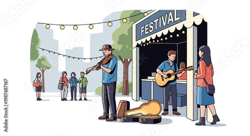 Street Musicians Playing at an Outdoor Community Festival Vector