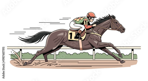 Jockey riding a racehorse at high speed on a track illustration