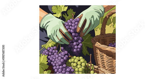 Harvesting Grapes in Vineyard Vector Illustration