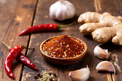 Aromatic Spices and Herbs Arranged on Rustic Wooden Background