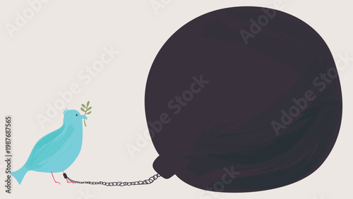 Peace dove light blue color with olive branch was chained up hand drawn childish style painted on beige background have blank space.