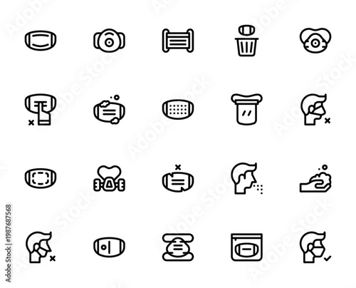 Protective Face Mask icon set. Vector illustration pack. Includes symbols for Mask, N95, Dust mask, Fabric mask, Face shield, Sneeze, Handwash and more. Editable stroke.