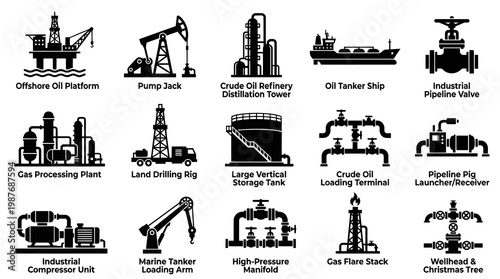 Oil and Gas Industry Production and Exploration Equipment Black Vector Glyph Icons