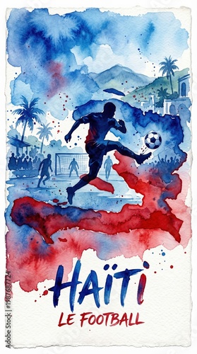 A watercolor painting of a soccer player with the word Haiti written below