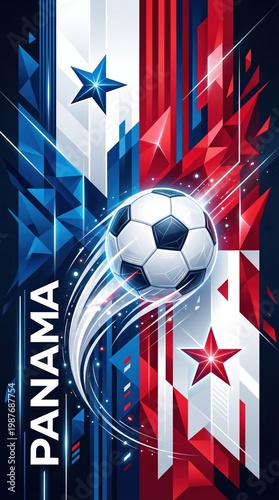Panama football flying with the national flag color background design. Showing the national flag and star, the ball moves forward, symbolizing sports and competition.