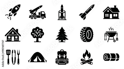 Outdoor Camping, Home  Military Rocket Glyph Icons Set - Solid Black Vector Symbols