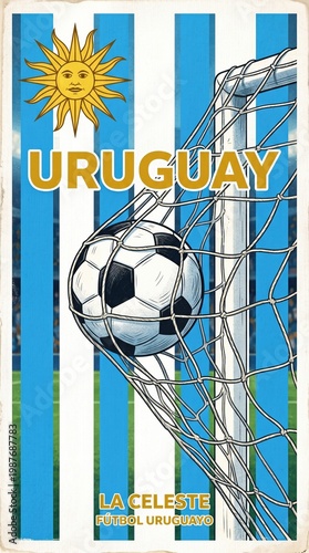 Uruguay soccer ball in the goal net 