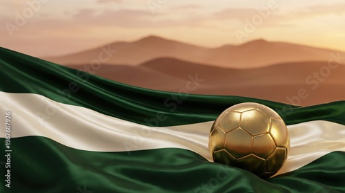 Golden soccer ball on flag with mountains in background. This image symbolizes victory and achievement in sports.