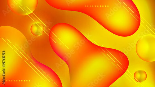 Warm golden and orange fluid background with liquid drops 3D spheres and decorative geometric lines