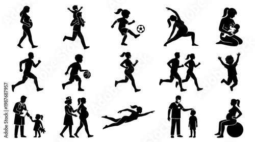 Healthcare Family Wellness Fitness Glyphs: Pregnant Women, Parents, Children, Medical  Sport Silhouettes