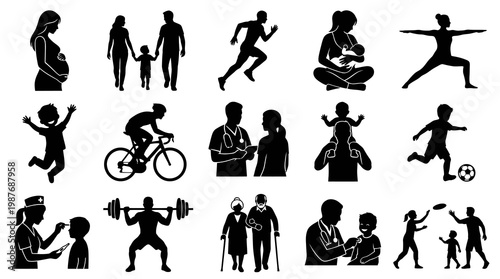 Healthcare and Wellness Family Life Stages Black and White Silhouette Glyphs