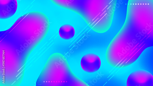 High energy cyan and pink liquid background with organic shapes and 3D floating orbs for digital design