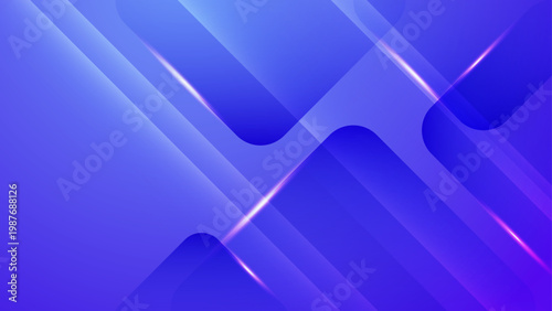Modern blue geometric background featuring overlapping rounded squares and glowing light trails for corporate technology