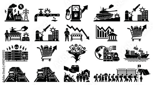 Global Crises Glyph Icons Set: War, Economic, Disaster, Social, Cyber Black  White Symbols