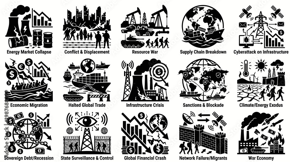 Fototapeta premium Global Crisis Icons Set: Black White Glyph Style Icons for Economic Social Issues