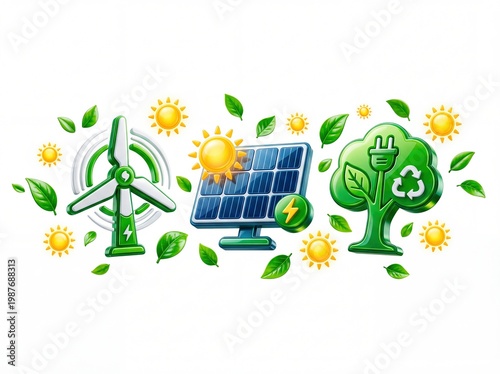 An illustration depicting renewable energy sources and environmental consciousness