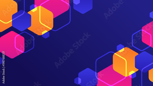 Abstract dark blue composition with vibrant orange and pink translucent hexagons and frames