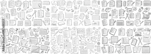 A creative collection of hand-drawn calendars, checklists, and stationery items in black and white.