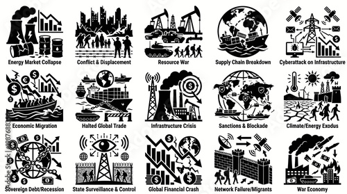 Global Crisis Icons Set: Black  White Glyph Style Icons for Economic  Social Issues