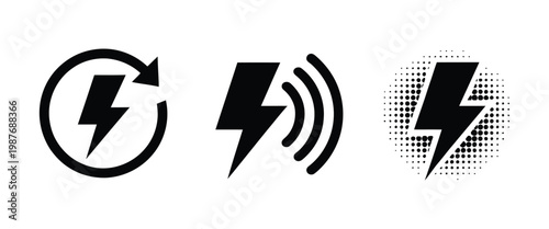 Wireless charging icon set, simple flat black vector symbols for recharge, battery power, contactless charging, and energy transfer for mobile devices, apps, and technology UI design