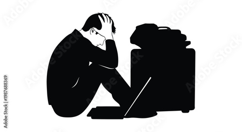 Stressed professional sitting on the floor feeling overwhelmed by heavy workload and looming office deadlines in this minimalist black and white vector graphic flat illustration style