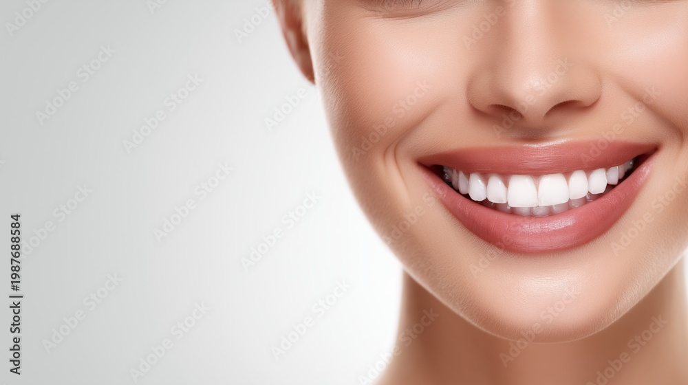 Obraz premium Perfect smile shines brightly. Teeth look white and smooth. Clean background emphasizes clarity. Close up of healthy white teeth with natural lips in high key lighting. Dental aesthetics concept