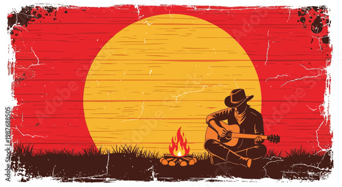 Retro cowboy playing guitar by campfire at sunset