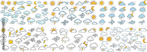 Colorful weather icons including sunny, rainy, and cloudy conditions in a playful design.