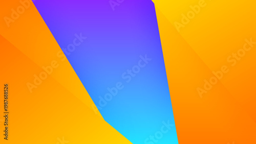 Bold color blocking background with a central blue element cutting through warm orange and yellow geometric sections
