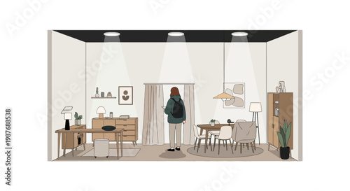 Vector illustration of a woman in a modern minimalist living room
