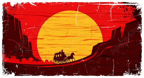 Vintage Western Stagecoach Silhouette in Desert Canyon at Sunset