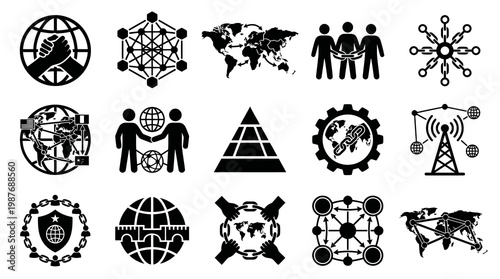 Global Network, Connection, Blockchain  Communication Glyph Icons Vector Set