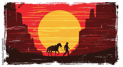 Cowboy Walking Horse in Canyon at Sunset Grunge Style Vector