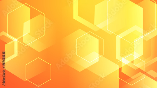 Bright orange and yellow background with transparent hexagon shapes creating a dynamic and energetic technological feel