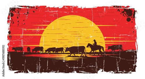 Vintage Cowboy Herding Cattle at Sunset Silhouette Vector Art